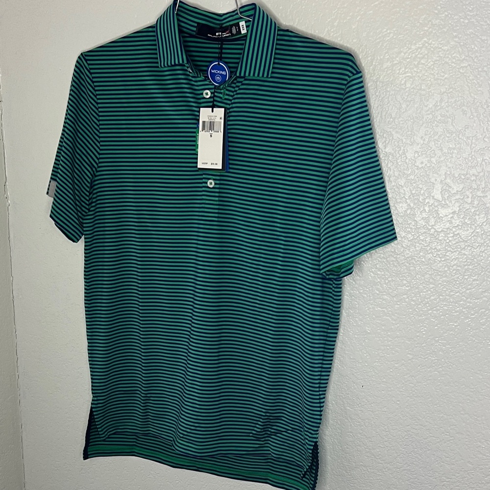 New RLX Ralph Lauren Mens Golf Performance Polo Green-Royal Stripe /Small